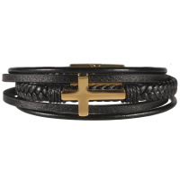 Bracelet multi rangs pour homme en cuir de couleur noir avec une croix en acier doré.