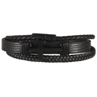 Bracelet multi rangs pour homme en cuir de couleur noir avec une croix en acier noir.