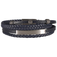 Bracelet multi rangs pour homme en cuir de couleur bleu avec une plaque et trois rondelles larges en acier argenté.