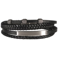 Bracelet multi rangs pour homme en cuir de couleur noir avec une plaque et trois rondelles larges en acier argenté.
