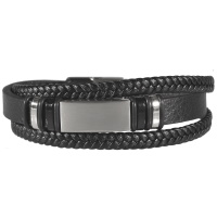 Bracelet multi rangs pour homme en cuir de couleur noir avec une plaque et rondelles en acier argenté et rondelles en caoutchouc noir.