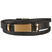 Bracelet multi rangs pour homme en cuir de couleur noir avec une plaque et rondelles en acier doré et rondelles en caoutchouc noir.