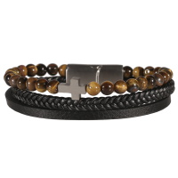 Bracelet multi rangs pour homme composé de deux cordons en cuir de couleur noir et d'un cordon de perles de couleur marron avec une croix en acier argenté.