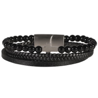 Bracelet multi rangs pour homme composé de deux cordons en cuir de couleur noir et d'un cordon de perles de couleur noir avec une croix en acier argenté.