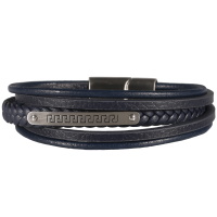 Bracelet multi rangs pour homme en cuir de couleur bleu avec une plaque en acier argenté.