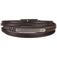 Bracelet multi rangs pour homme en cuir de couleur marron avec une plaque en acier argenté.