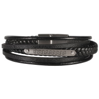 Bracelet multi rangs pour homme en cuir de couleur noir avec une plaque en acier argenté.