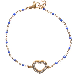 Bracelet composé d'une chaîne en acier doré, de perles en émail de couleur bleue et d'un cœur pavé de strass. Fermoir mousqueton avec 5 cm de rallonge.