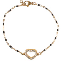 Bracelet composé d'une chaîne en acier doré, de perles en émail de couleur noir et d'un cœur en acier doré pavé de strass. Fermoir mousqueton avec 5 cm de rallonge.