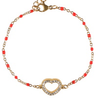Bracelet composé d'une chaîne en acier doré, de perles en émail de couleur rouge et d'un cœur en acier doré pavé de strass. Fermoir mousqueton avec 5 cm de rallonge.