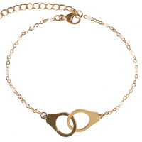 Bracelet composé d'une chaîne en acier doré, de perles en émail de couleur blanc et d'une paire de menottes en acier doré. Fermoir mousqueton avec 5 cm de rallonge.