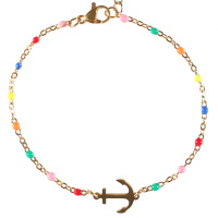 Bracelet composé d'une chaîne en acier doré, de perles en émail multicolore et d'une ancre en acier doré. Fermoir mousqueton avec 5 cm de rallonge.