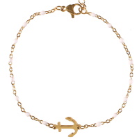 Bracelet composé d'une chaîne en acier doré, de perles en émail de couleur blanc et d'une ancre en acier doré. Fermoir mousqueton avec 5 cm de rallonge.