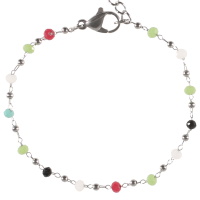 Bracelet composé d'une chaîne avec boules en acier argenté et de perles multicolores. Fermoir mousqueton avec 4 cm de rallonge.