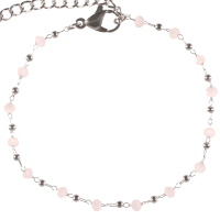 Bracelet composé d'une chaîne avec boules en acier argenté et de perles de couleur rose. Fermoir mousqueton avec 4 cm de rallonge.