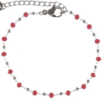Bracelet composé d'une chaîne avec boules en acier argenté et de perles de couleur rouge. Fermoir mousqueton avec 4 cm de rallonge.