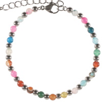 Bracelet composé de perles en acier argenté et de perles multicolores. Fermoir mousqueton avec 4 cm de rallonge.