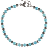 Bracelet composé de perles en acier argenté et de perles en pierre d'imitation turquoise. Fermoir mousqueton avec 4 cm de rallonge.