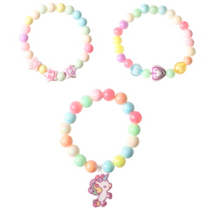 Lot de 3 bracelets élastiques pour enfants composés de perles multicolores et d'un pendentif en forme de licorne.