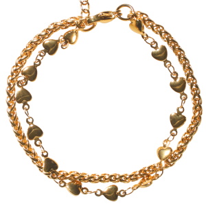 Bracelet double rangs composé d'une chaîne et d'une chaîne de cœurs en acier doré. Fermoir mousqueton avec 5 cm de rallonge.