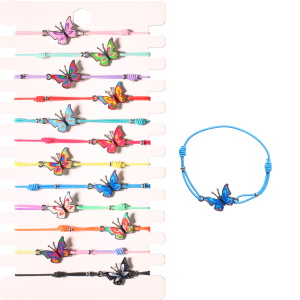 Bracelet fantaisie composé d'un cordon élastique et d'un papillon en métal argenté pavé d'émail multicolore. 12 coloris différents. Vendu à l'unité. Votre préférence en commentaire.