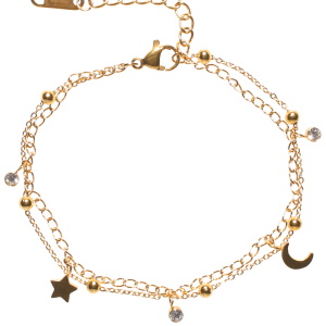 Bracelet double rangs composé d'une chaîne avec perles en acier doré, ainsi qu'une chaîne avec une étoile et un croissant de lune en acier doré et de pampilles de strass. Fermoir mousqueton avec 3 cm de rallonge.