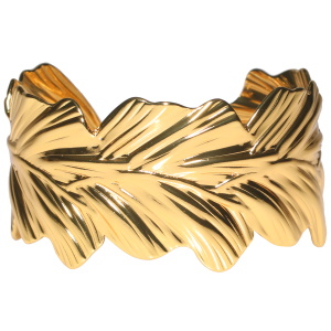 Bracelet manchette en forme de couronne de feuilles en acier doré.