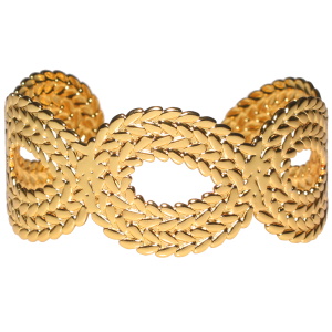 Bracelet manchette en forme de chaîne et branche de laurier en acier doré.