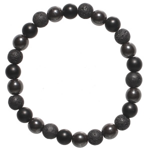 Bracelet fantaisie élastique composé de perles en métal canon de fusil, de perles noires lisses et mats et de perles en pierre de lave.