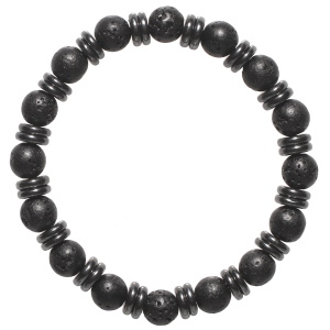 Bracelet fantaisie élastique composé de perles cylindriques en métal canon de fusil et de perles en pierre de lave.