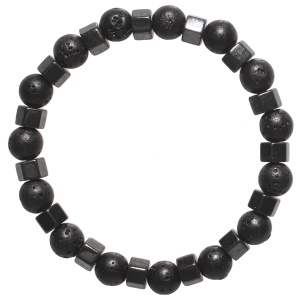 Bracelet fantaisie élastique composé de perles à facettes en métal canon de fusil et de perles en pierre de lave.