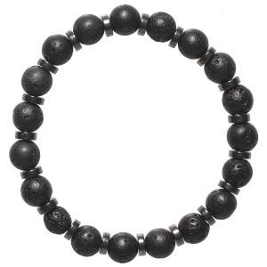 Bracelet fantaisie élastique composé de perles cylindriques en métal canon de fusil et de perles en pierre de lave.
