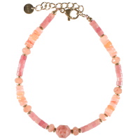 Bracelet composé de perles cylindriques en acier doré et de perles de couleur rose. Fermoir mousqueton avec 3 cm de rallonge.