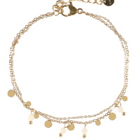 Bracelet double rangs composé d'une chaîne en acier doré et d'une chaîne avec pampilles rondes lisses en acier doré et pampilles perles en véritables pierre de lune. Fermoir mousqueton avec 3 cm de rallonge.