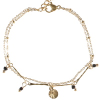 Bracelet double rangs composé d'une chaîne en acier doré et d'une chaîne avec une pampille ronde aux motifs de rayons en acier doré et pampilles perles en véritables pierre d'agate. Fermoir mousqueton avec 3 cm de rallonge.