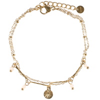 Bracelet double rangs composé d'une chaîne en acier doré et d'une chaîne avec une pampille ronde aux motifs de rayons en acier doré et pampilles perles en véritables pierre de lune. Fermoir mousqueton avec 3 cm de rallonge.