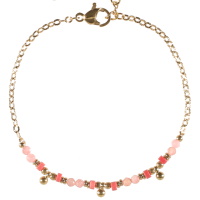 Bracelet composé d'une chaîne avec perles en acier doré et de perles rondes et cylindriques en véritable pierre de rhodonite. Fermoir mousqueton avec 3 cm de rallonge.