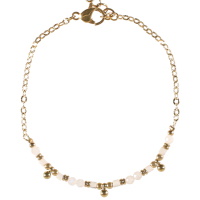 Bracelet composé d'une chaîne avec perles en acier doré et de perles rondes et cylindriques en véritable pierre de lune. Fermoir mousqueton avec 3 cm de rallonge.