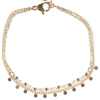 Bracelet double rangs composé d'une chaîne avec pampilles rondes en acier doré et d'une chaîne avec perles en acier doré et perles de nacre. Fermoir mousqueton avec 3 cm de rallonge.