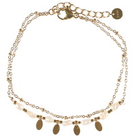 Bracelet double rangs composé d'une chaîne en acier doré et d'une chaîne avec pampilles ovales en acier doré et perles de nacre. Fermoir mousqueton avec 3 cm de rallonge.