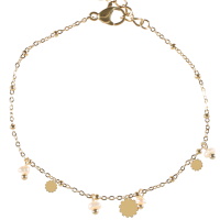 Bracelet composé d'une chaîne avec pampilles en forme de fleurs en acier doré et des pampilles perles de nacre. Fermoir mousqueton avec 3 cm de rallonge.
