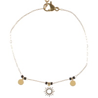 Bracelet composé d'une chaîne avec pampilles rondes en acier doré, des perles cylindriques de couleur noire et d'un pendant en forme de soleil en acier doré. Fermoir mousqueton avec 3 cm de rallonge.