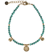 Bracelet composé de perles en véritable pierre de malachite, de perles et pastilles rondes en acier doré. Fermoir mousqueton avec 3 cm de rallonge.