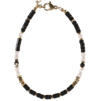Bracelet composé de perles en acier doré et de perles en pierre de couleur noire. Fermoir mousqueton avec 2,5 cm.