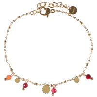 Bracelet composé d'une chaîne avec 3 pampilles rondes en forme de fleur en acier doré et de perles de couleur rose. Fermoir mousqueton avec 3 cm de rallonge.