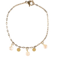 Bracelet composé d'une chaîne avec 2 pampilles rondes en acier doré et de perles de nacre. Fermoir mousqueton avec 3 cm de rallonge.