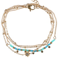 Bracelet double rangs et double tours composé d'une chaîne en acier doré avec une étoile sertie d'un cristal, ainsi qu'une chaîne avec pampilles en acier doré et de perles cylindriques de couleur turquoise. Fermoir mousqueton en acier doré avec 3 cm.