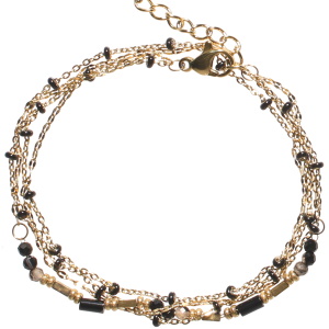 Bracelet double tours et double rangs composé d'une chaîne en acier doré et de perles cylindriques en émail de couleur noire, ainsi qu'une chaîne en acier doré et de perles de couleur noire. Fermoir mousqueton avec 3 cm de rallonge.