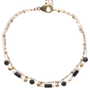 Bracelet double rangs composé d'une chaîne en acier doré, ainsi qu'une chaîne en acier doré avec des perles de couleur noire. Fermoir mousqueton avec 3 cm de rallonge.