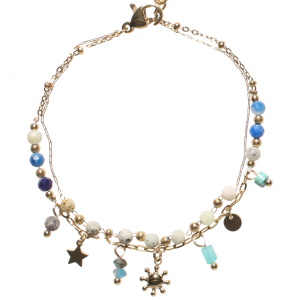 Bracelet double rangs composé d'une chaîne avec perles en acier doré et de perles de couleur, ainsi qu'une chaîne avec perles, pampilles étoile, soleil et pastille ronde en acier doré et de perles turquoises. Fermoir mousqueton avec 3 cm de rallonge.